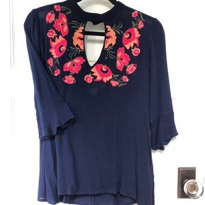 Navy 3/4 Sleeve Top with Embroidered Flowers
